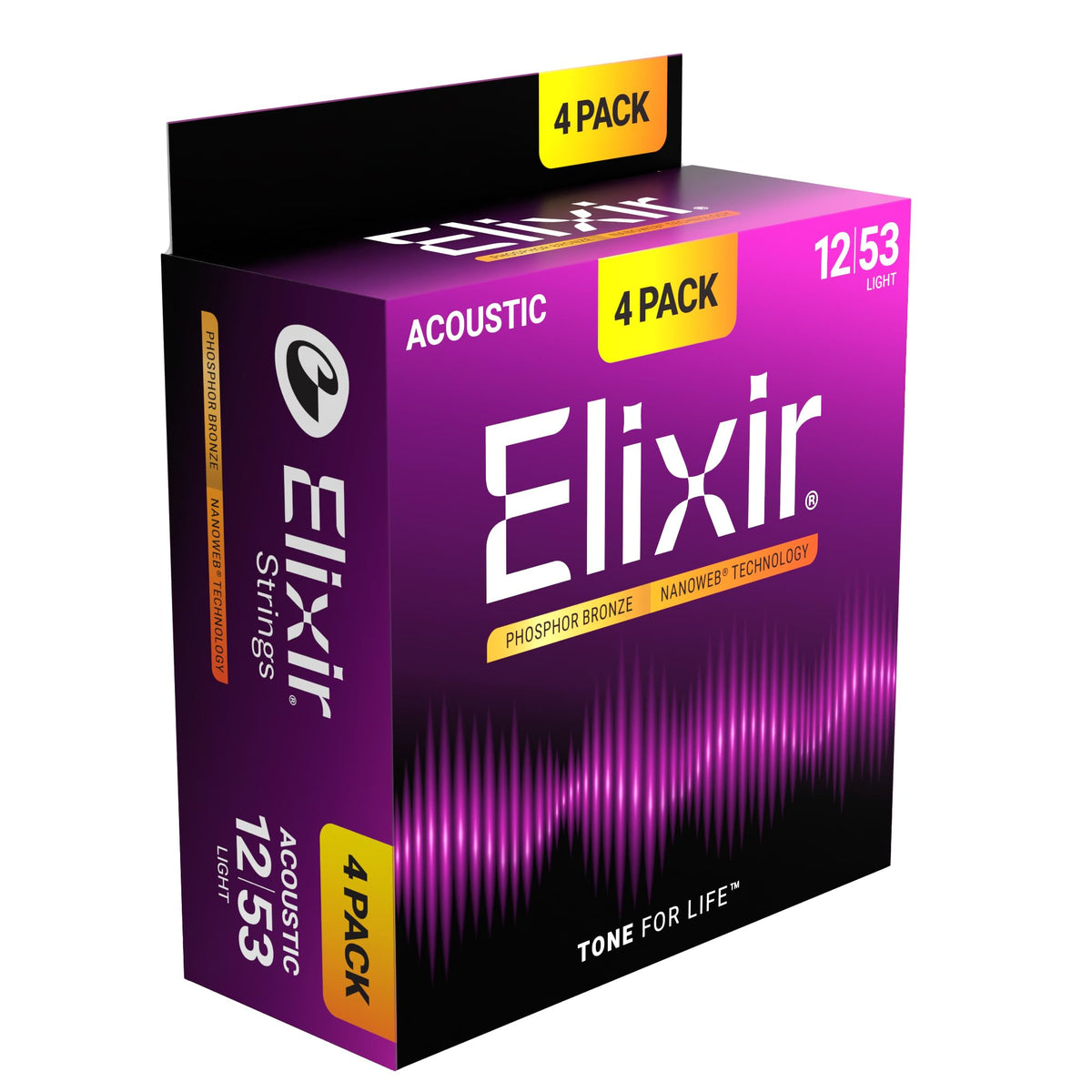 Elixir Acoustic Guitar Strings, Phosphor Bronze, Light 12-53, 4 Pack