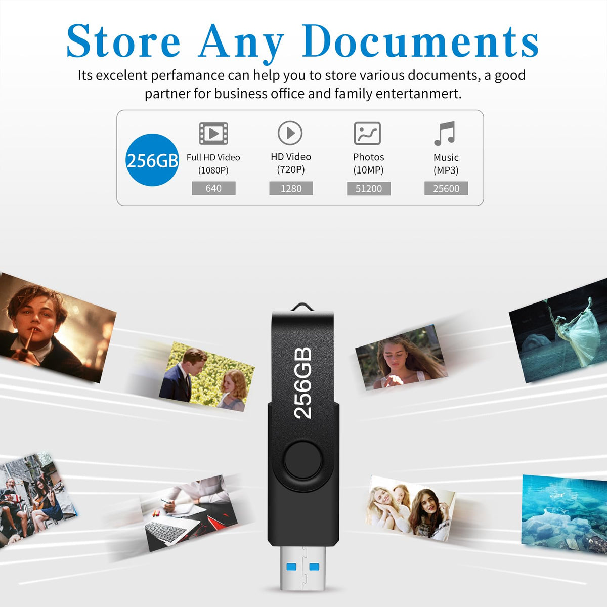 256 GB USB 2.0 Flash Drive with Keychain