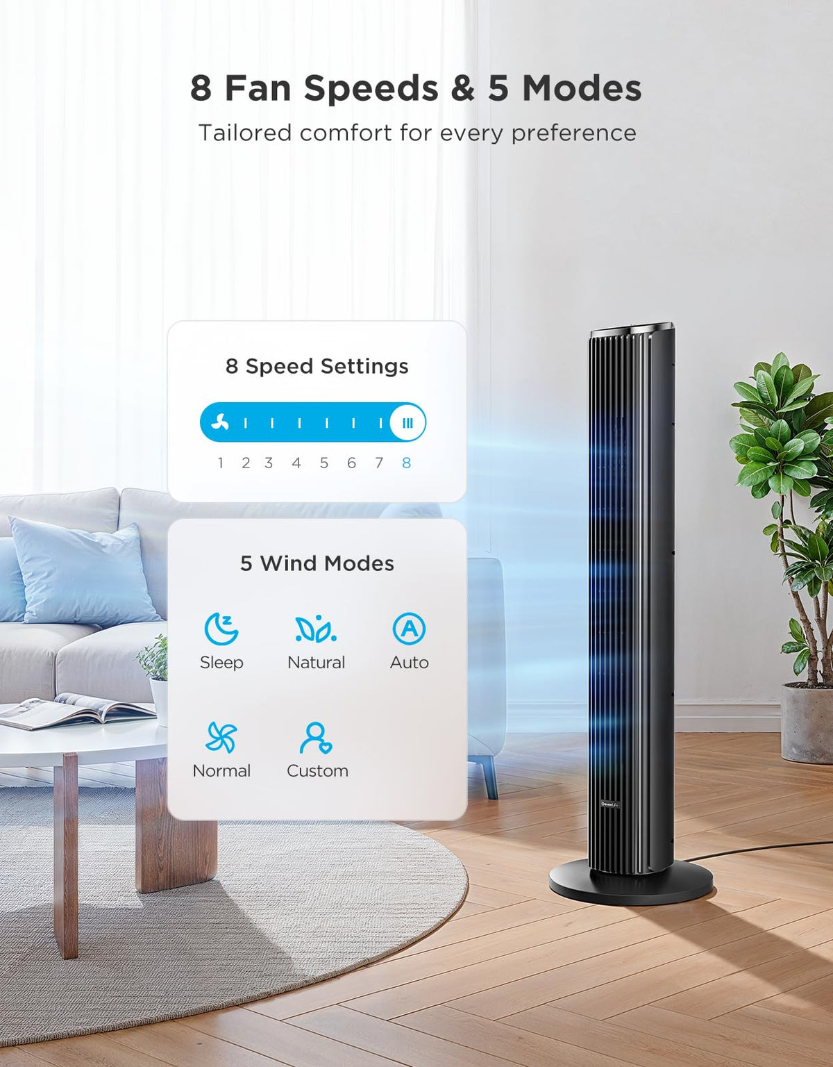 GoveeLife Black Tower Fan for Bedroom