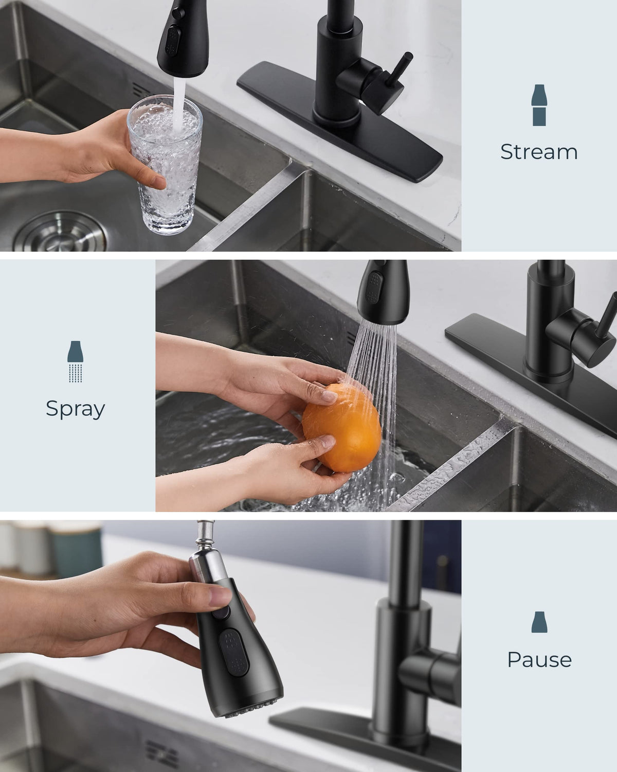 FORIOUS Black Kitchen Faucets with Pull Down Sprayer, Matte Black