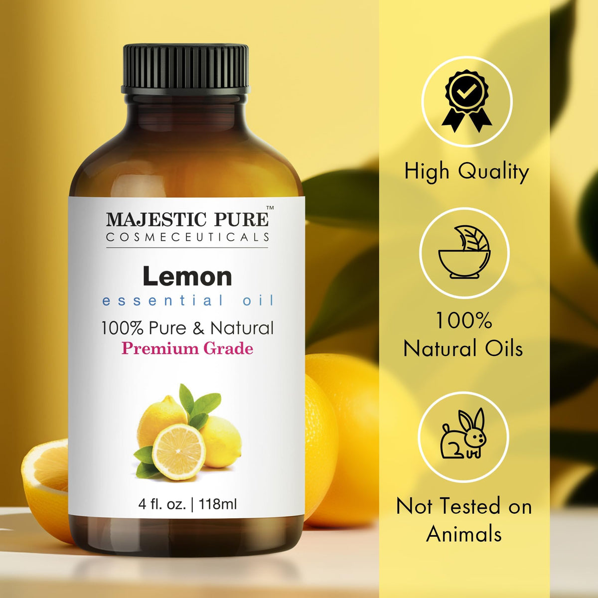 Majestic Pure Lemon Essential Oil with Glass Dropper, 118 ml