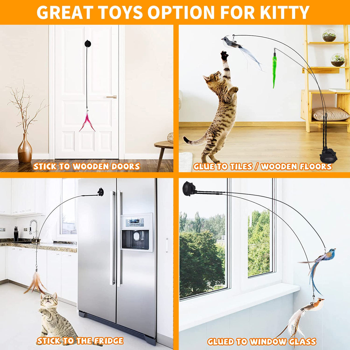 Interactive Cat Feather Wand Toy Set with Suction Cup, Natural