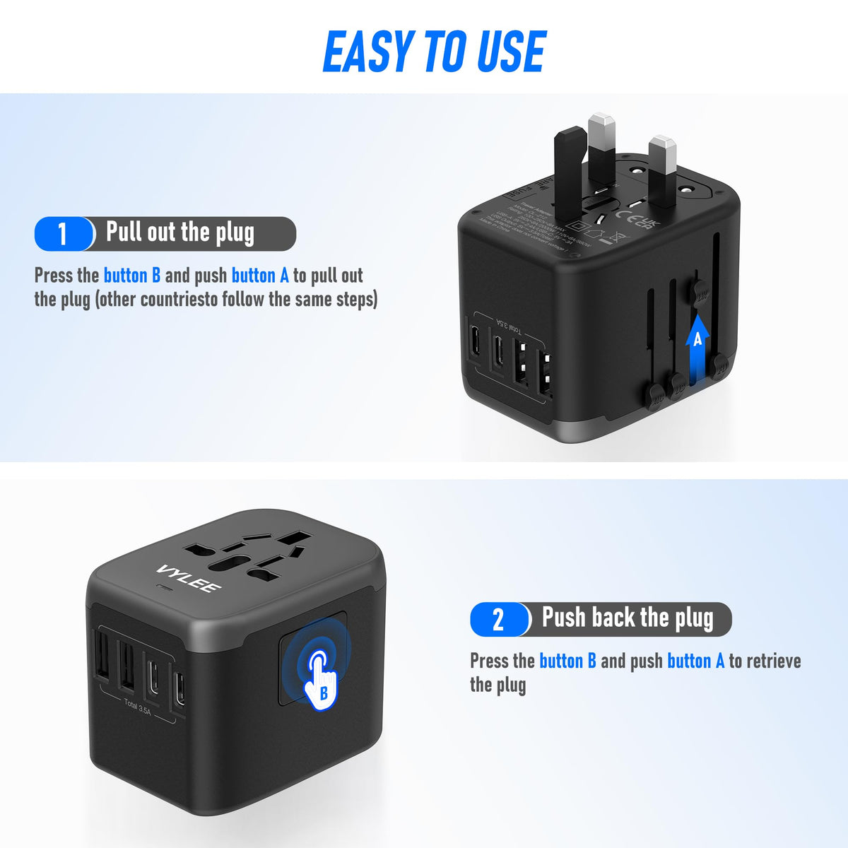 VYLEE 5-in-1 Universal Travel Plug Adapter, 2 USB-A, 2 USB C, Grey