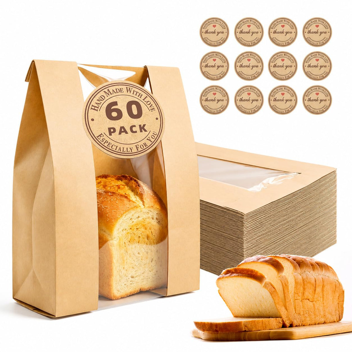 Homrelaxy Kraft Bread Bags with Window, 13.7 x 8.3 x 3.5 in, 60 Pcs