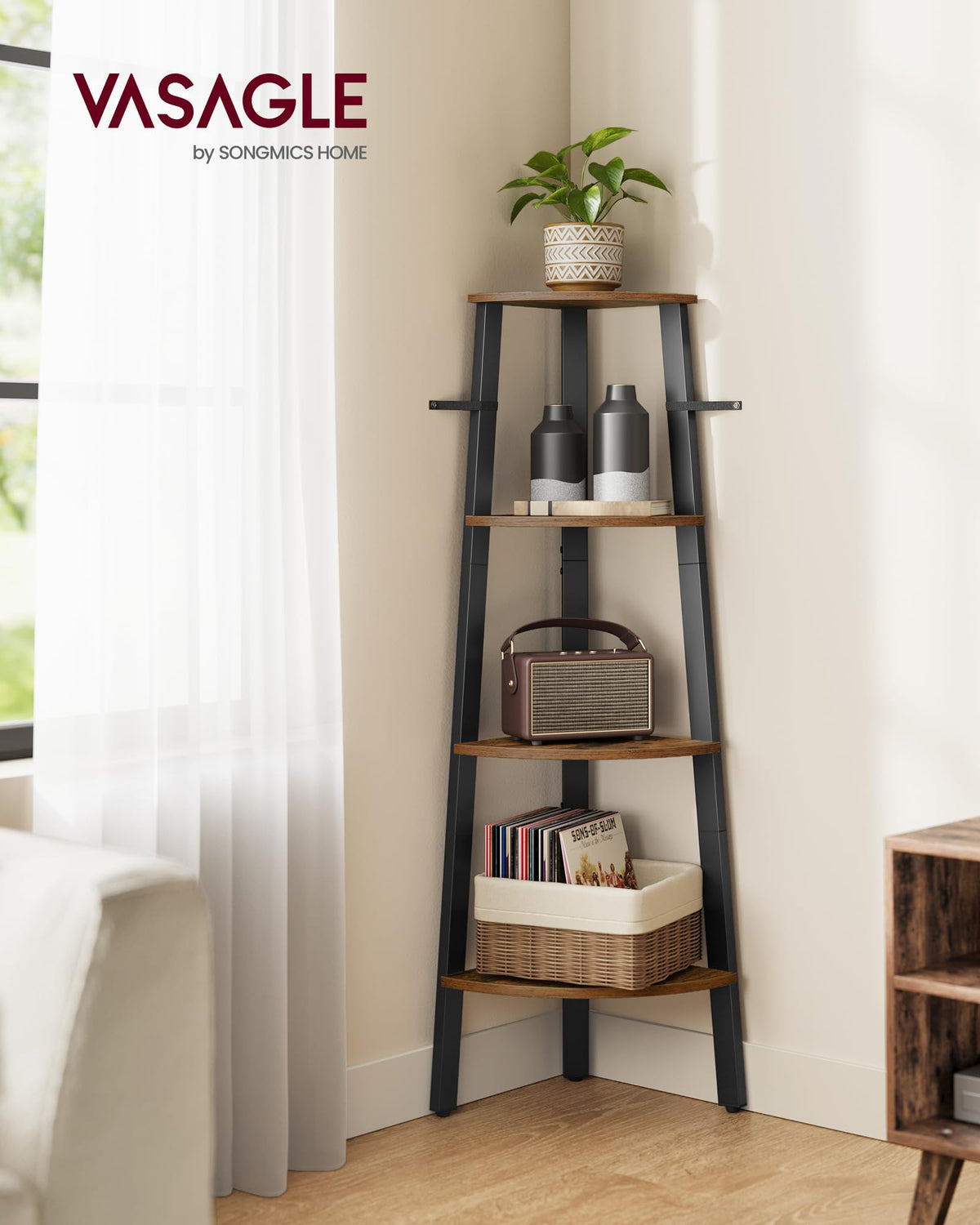 VASAGLE 4-Tier Corner Shelf Stand, Rustic Brown/Black, ULLS34X