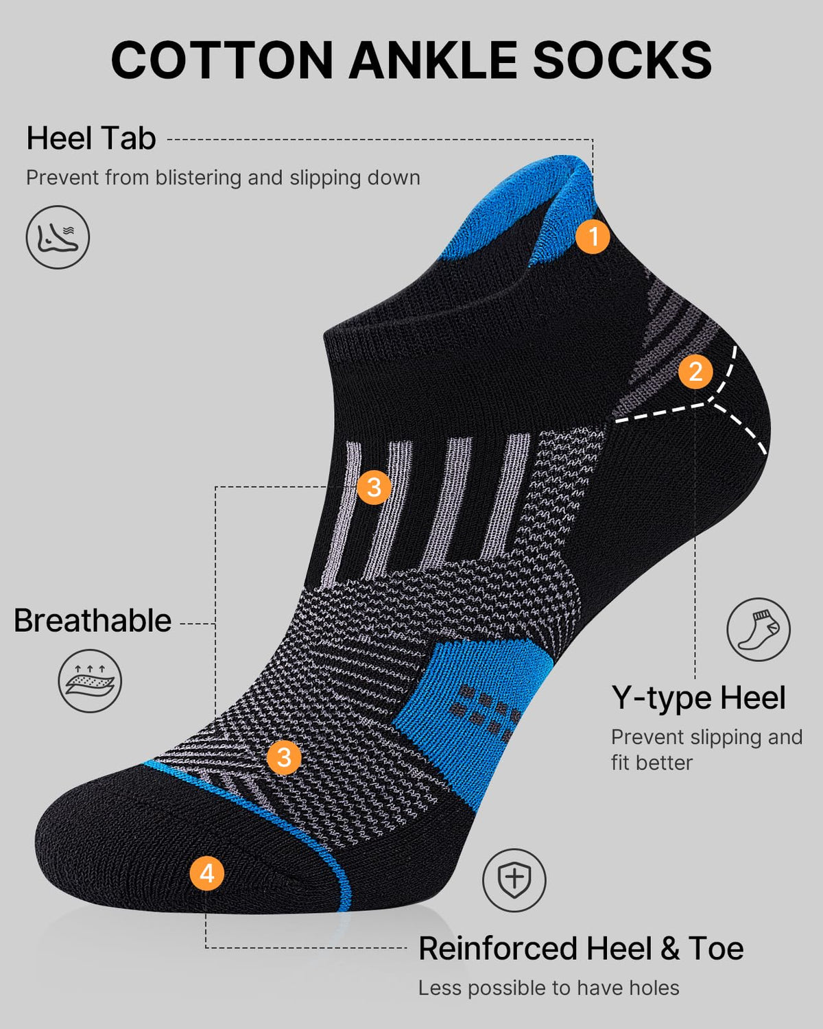 Niorasen Men's Low Cut Ankle Socks, 6 Pairs, Multicolor, 9-12