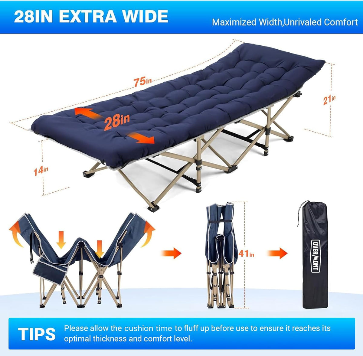Overmont Folding Camping Cot with Cushion, 28 in Extra Wide