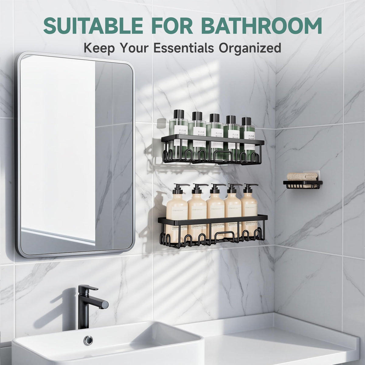 Veken Adhesive Shower Caddy with Soap Holder, Black (3 Pack)