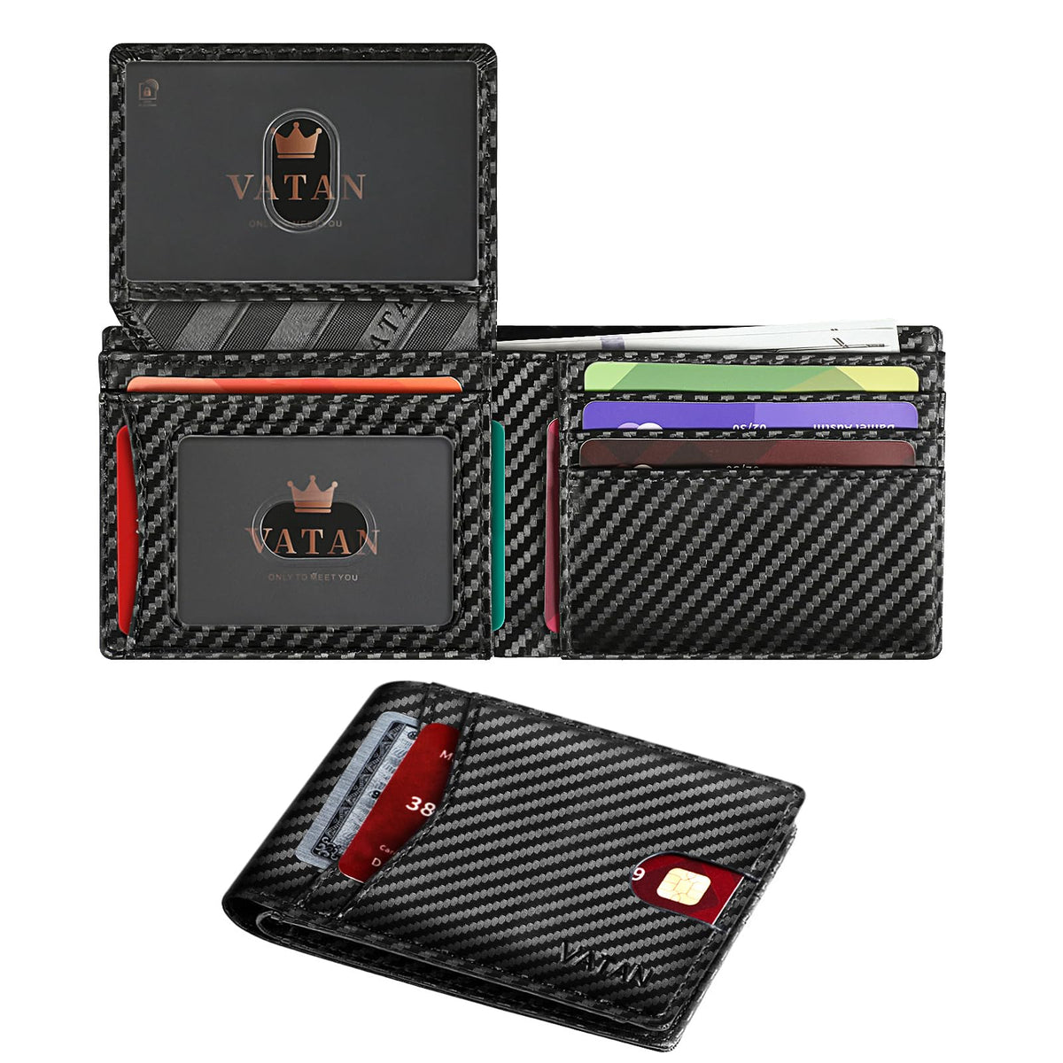 VATAN Slim RFID Leather Wallet for Men, Carbon Fiber Black