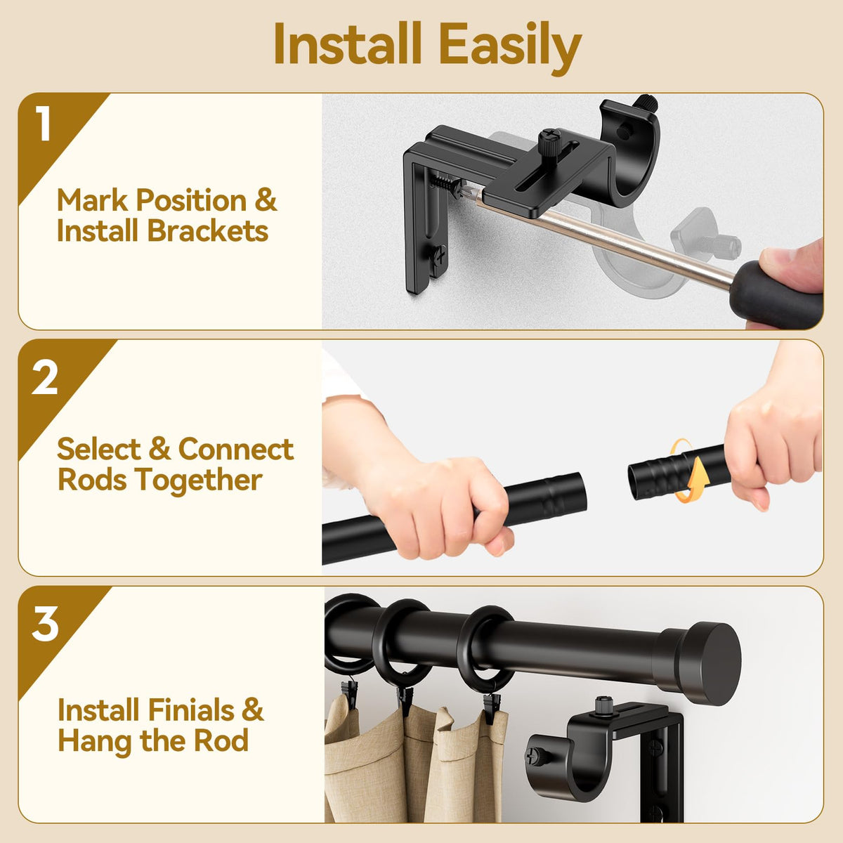 YaFex Heavy Duty 1" Adjustable Curtain Rod, 32-84", Black