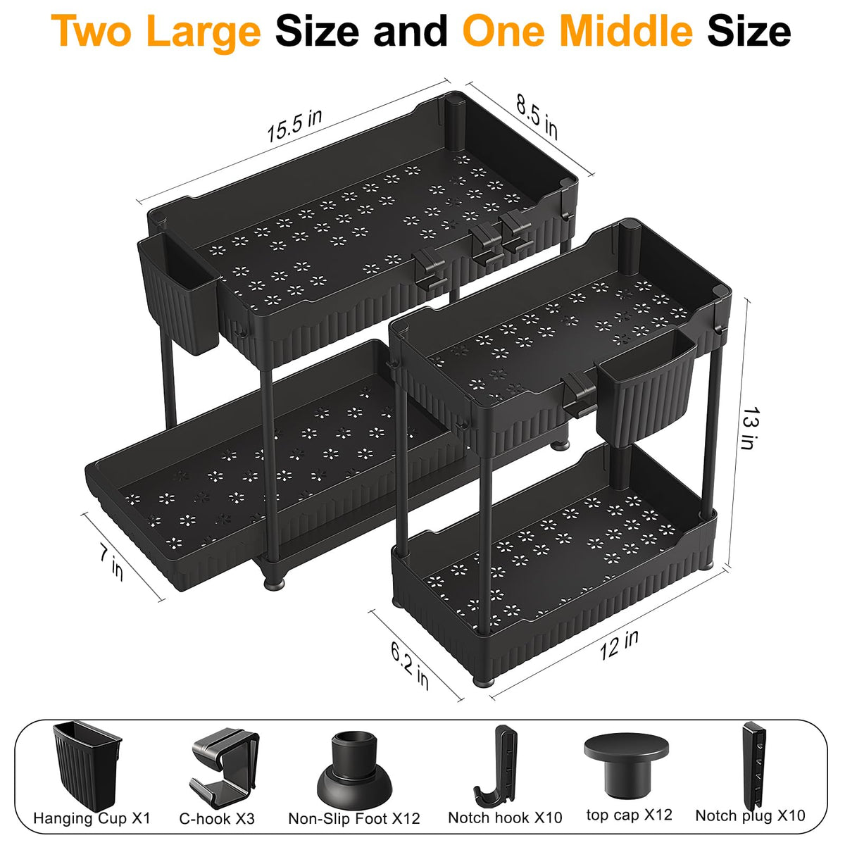 Sevenblue Under Sink Organizer, 2 Tier, 3 Pack, Black