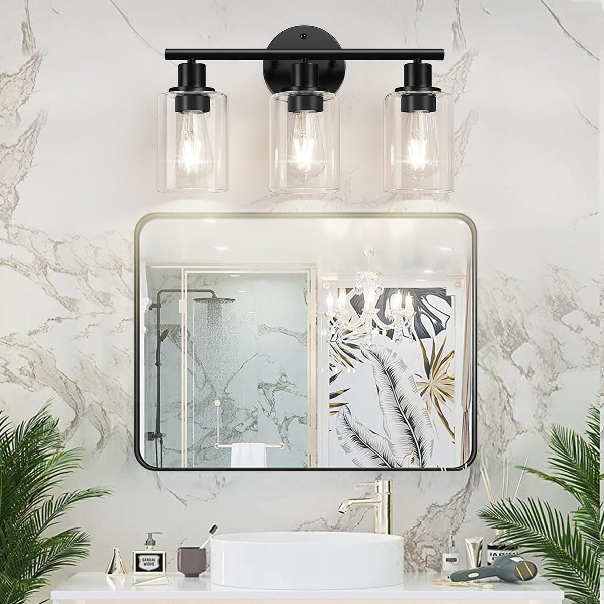 3-Light Black Bathroom Vanity Light with Clear Glass