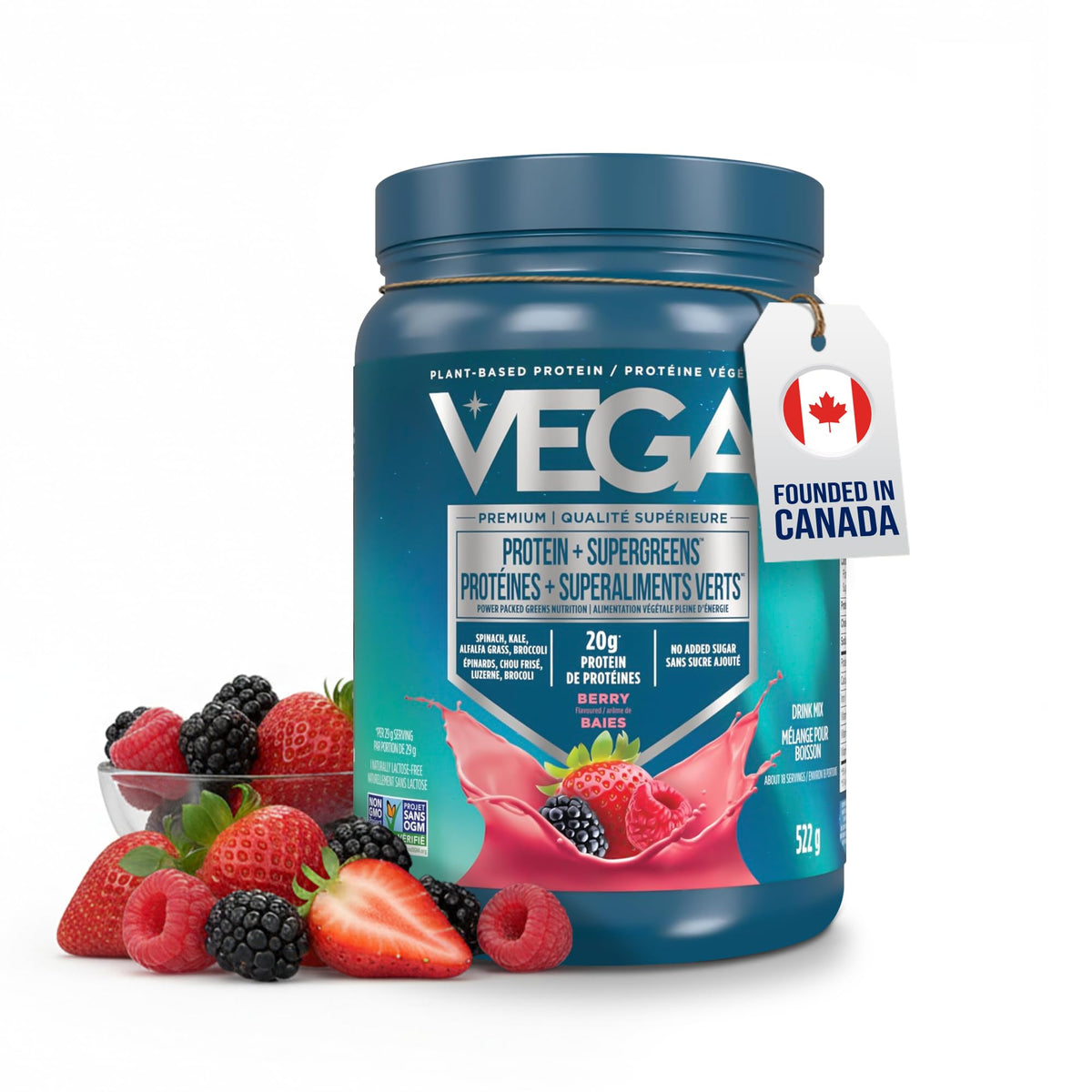 Vega Protein + Supergreens Plant-Based Protein Powder, Berry, 522 g