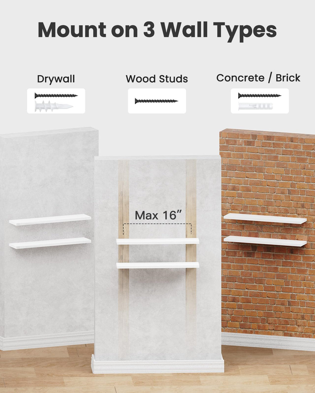 Amada Floating Shelves with Invisible Brackets, 24", White, Set of 2