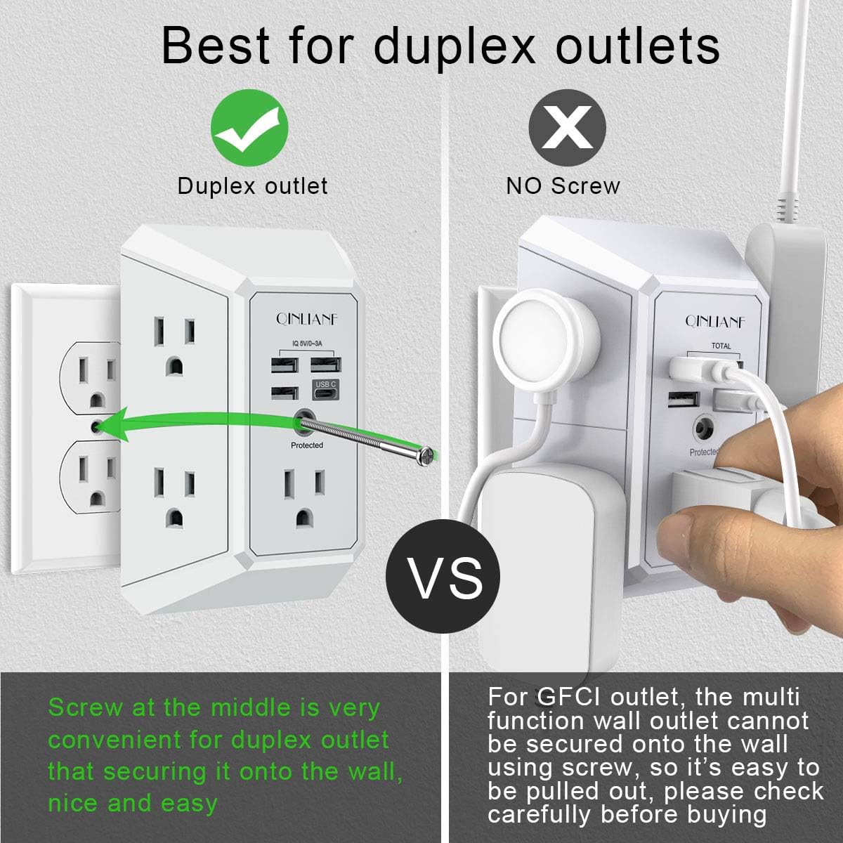 QINLIANF 5 Outlet Wall Charger Surge Protector with 4 USB Ports