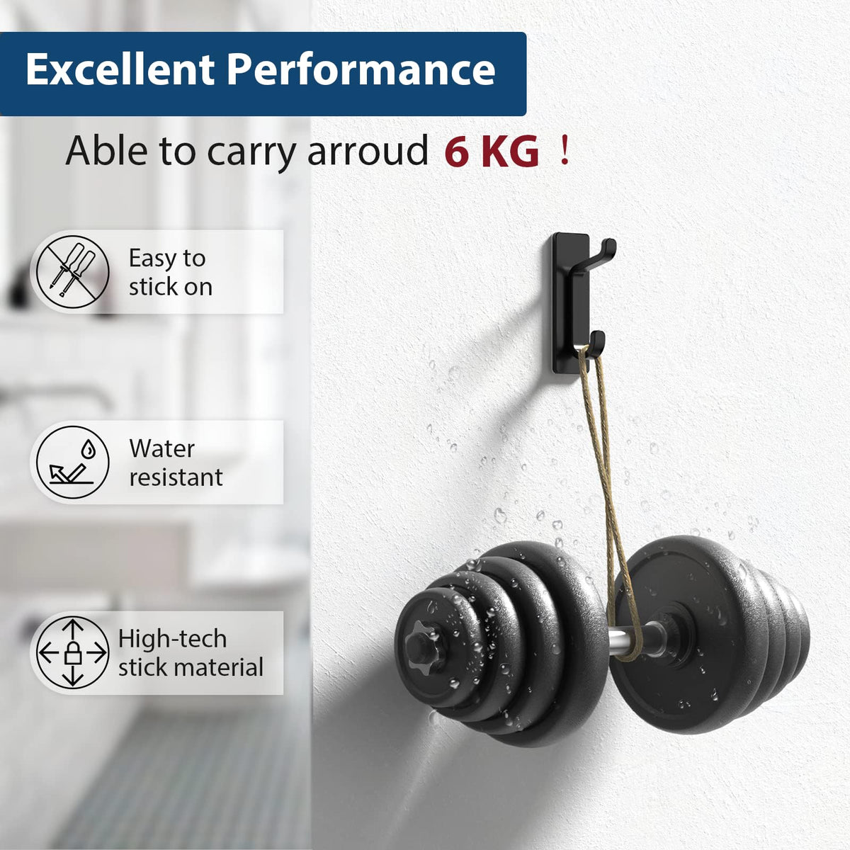pickpiff Self-Adhesive Waterproof Wall Hooks, 6-Pack, Black