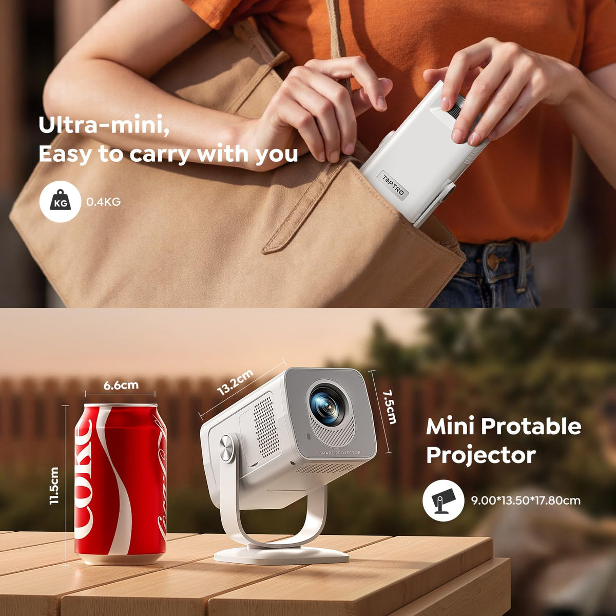 Mini Projector with WiFi 6 & Bluetooth 5.4, 4K Support, White