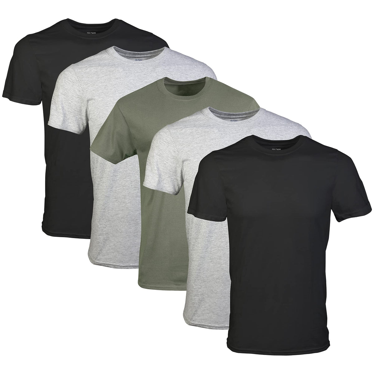 Gildan Men's Crew T-Shirts G1100, Black/Grey/Green, 5-Pack, XX-Large