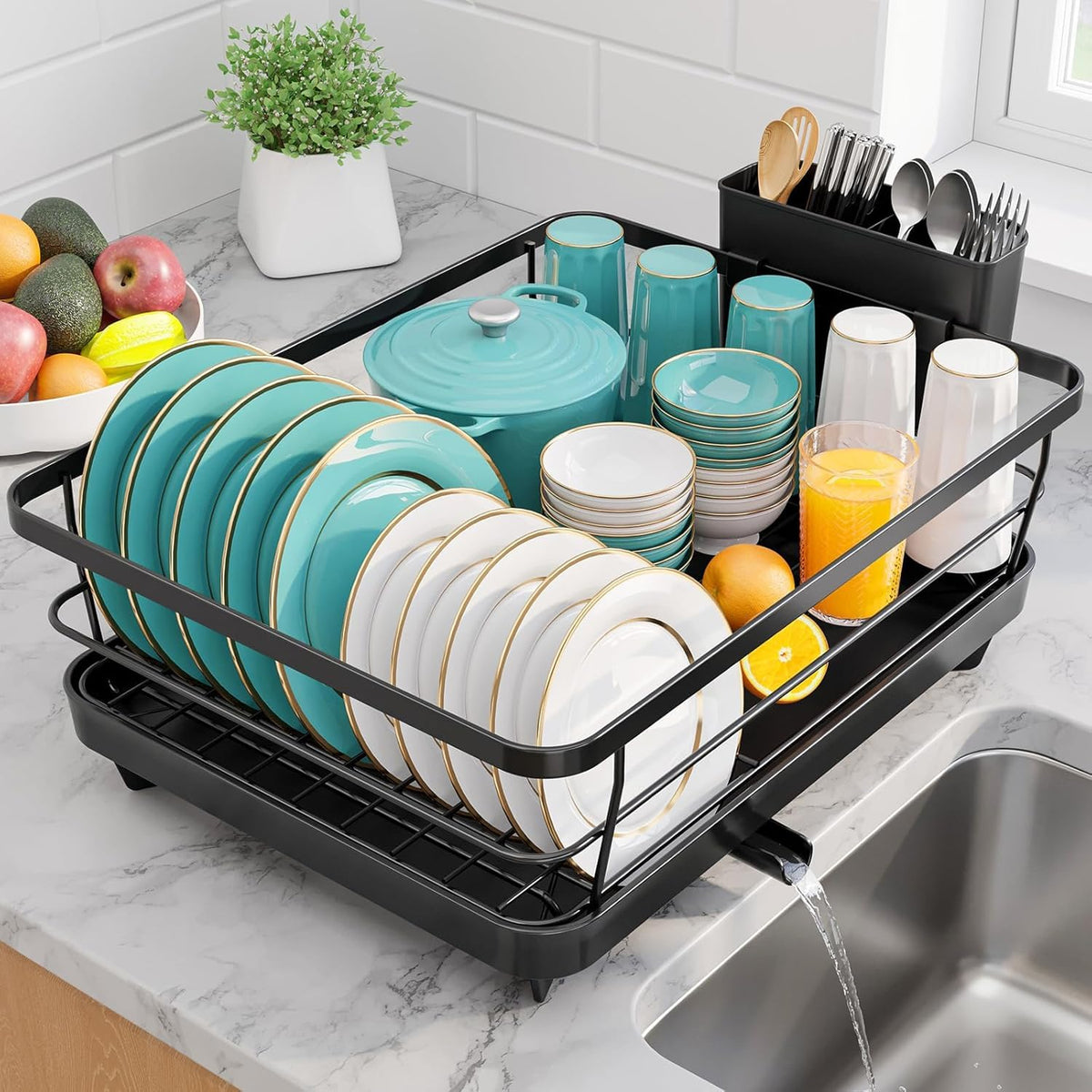 Sakugi Stainless Steel Dish Drying Rack with Drain Board, Black, Large