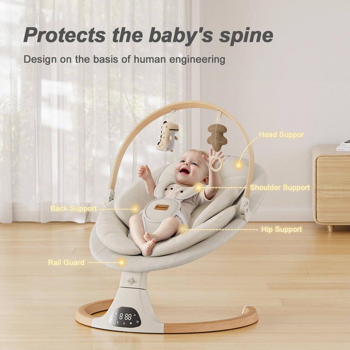 Monamii Bluetooth Baby Swing with Remote, Light Beige