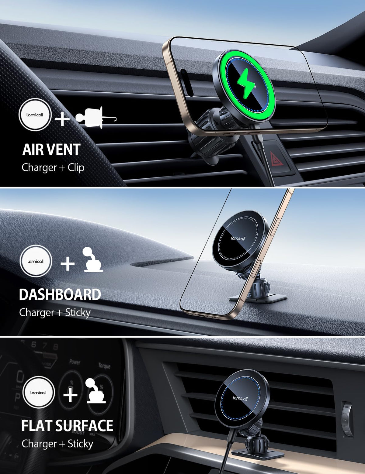 Lamicall 15W MagSafe Wireless Car Mount Charger, Vent and Dashboard