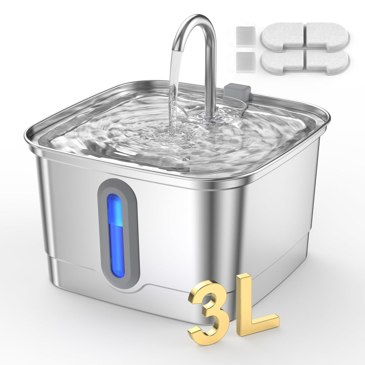 Stainless Steel Cat Water Fountain, 3L/101oz, 2 Filters, 2 Sponges