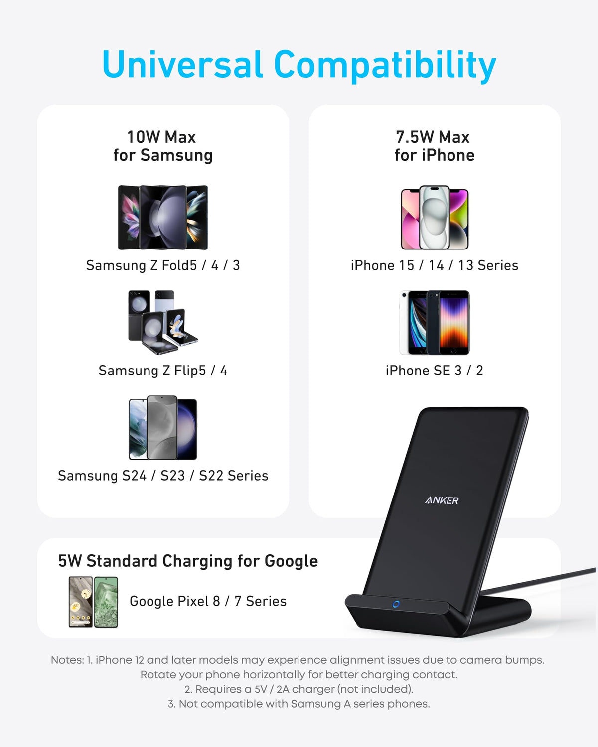 Anker 313 Wireless Charger Stand, Qi-Certified, 10W Max, Micro-USB