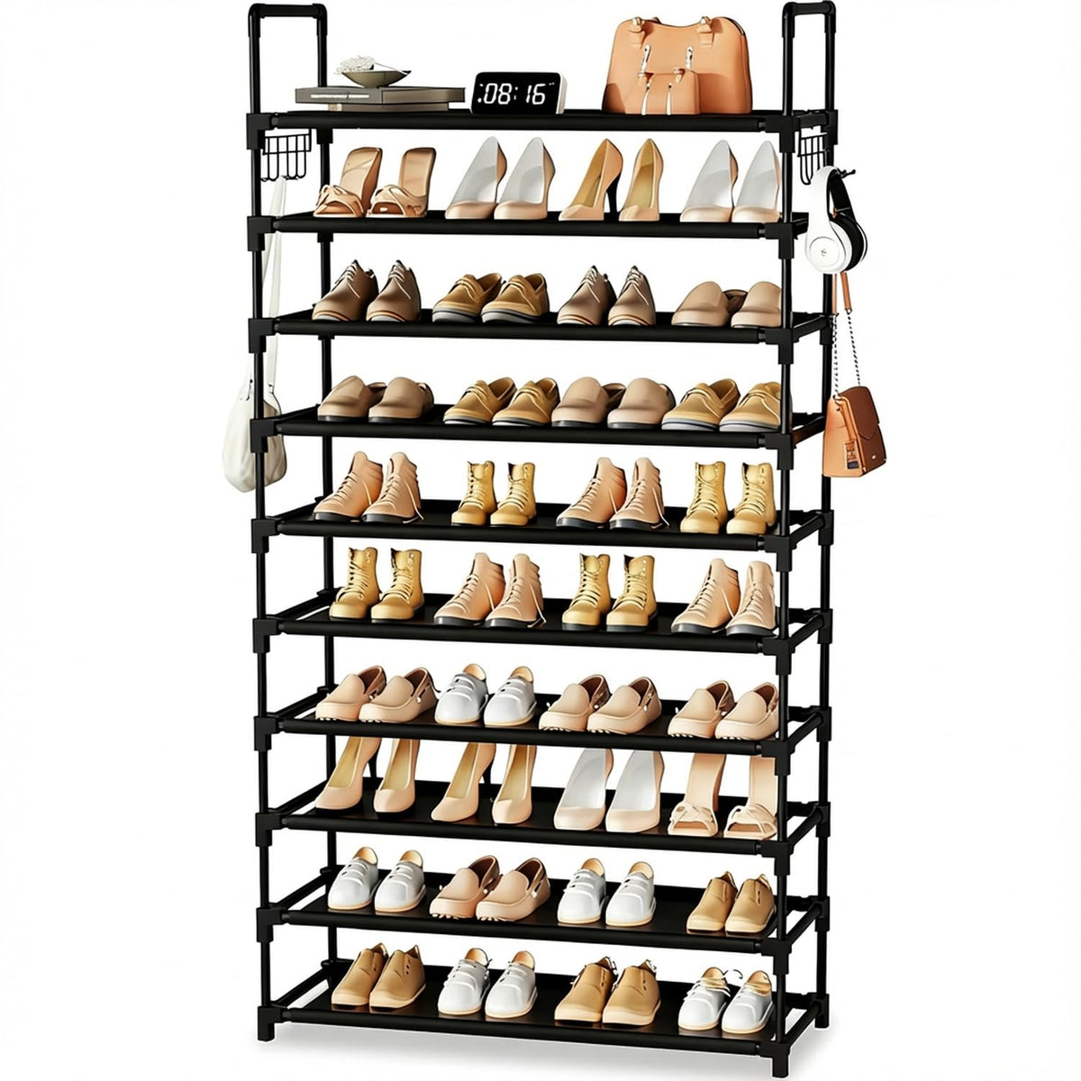 10 Tier Shoe Rack, Holds 50-55 Pairs, with Hooks