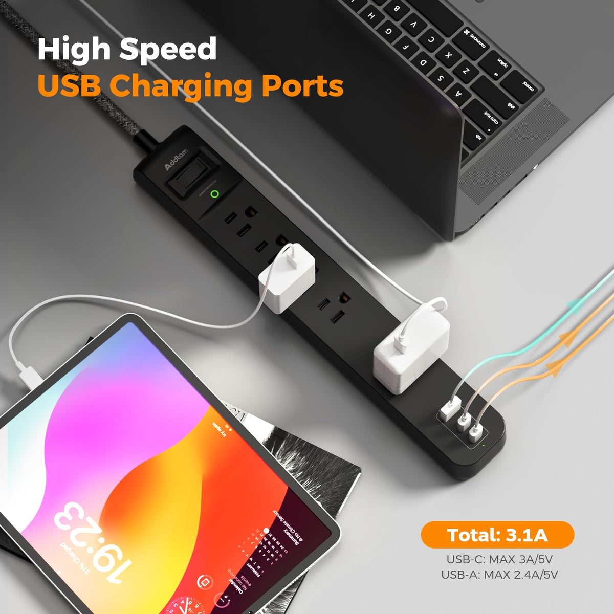 Power Bar Surge Protector with 5 Outlets and 3 USB Ports, 2 Pack