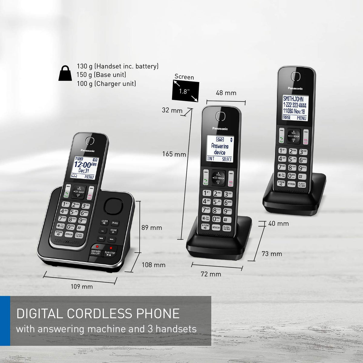 Panasonic DECT 6.0 Cordless Phone, KX-TGD393CB, 3 Handsets, Black