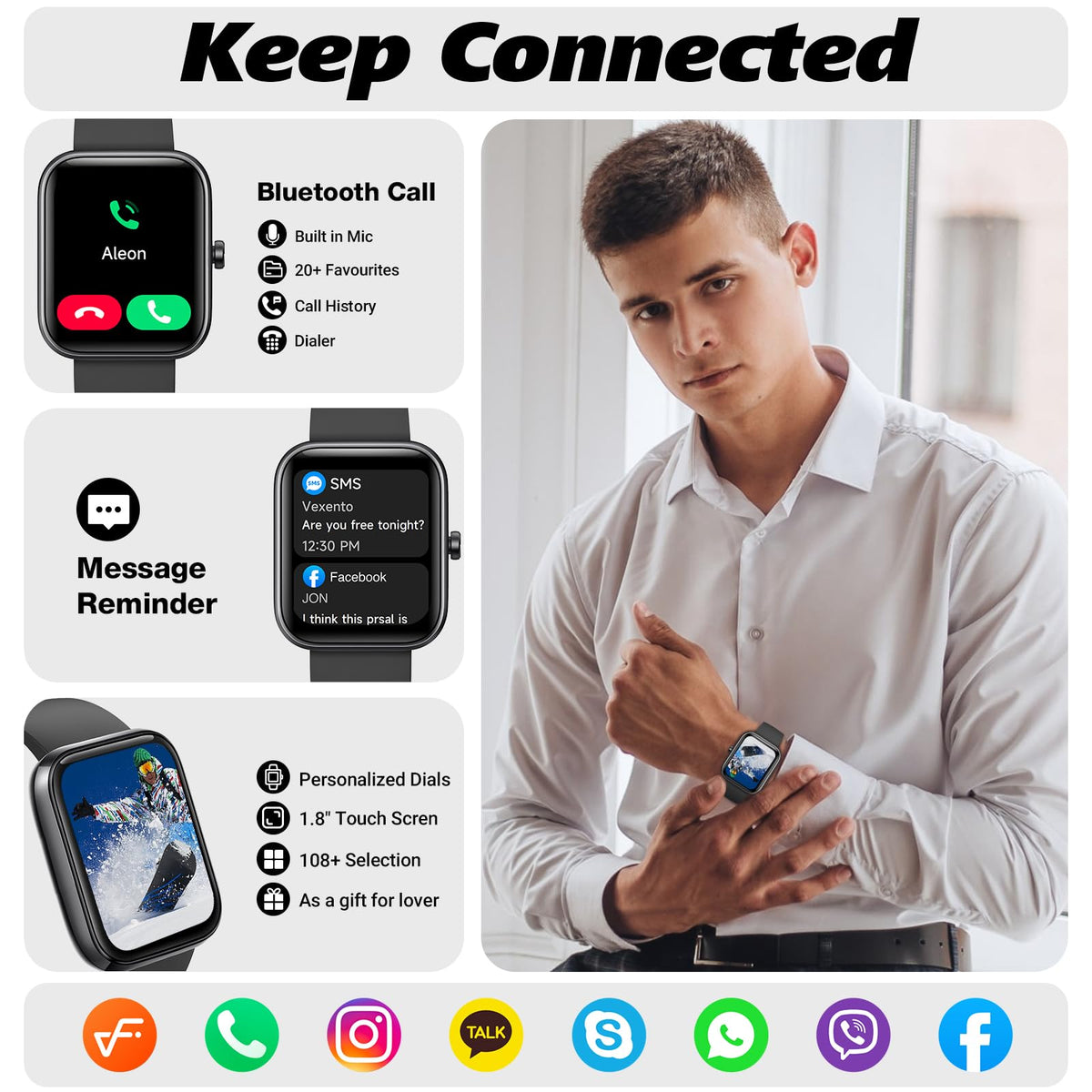 VRPEFIT 1.83-Inch Smart Watch with Calling and Alexa, Soft Black