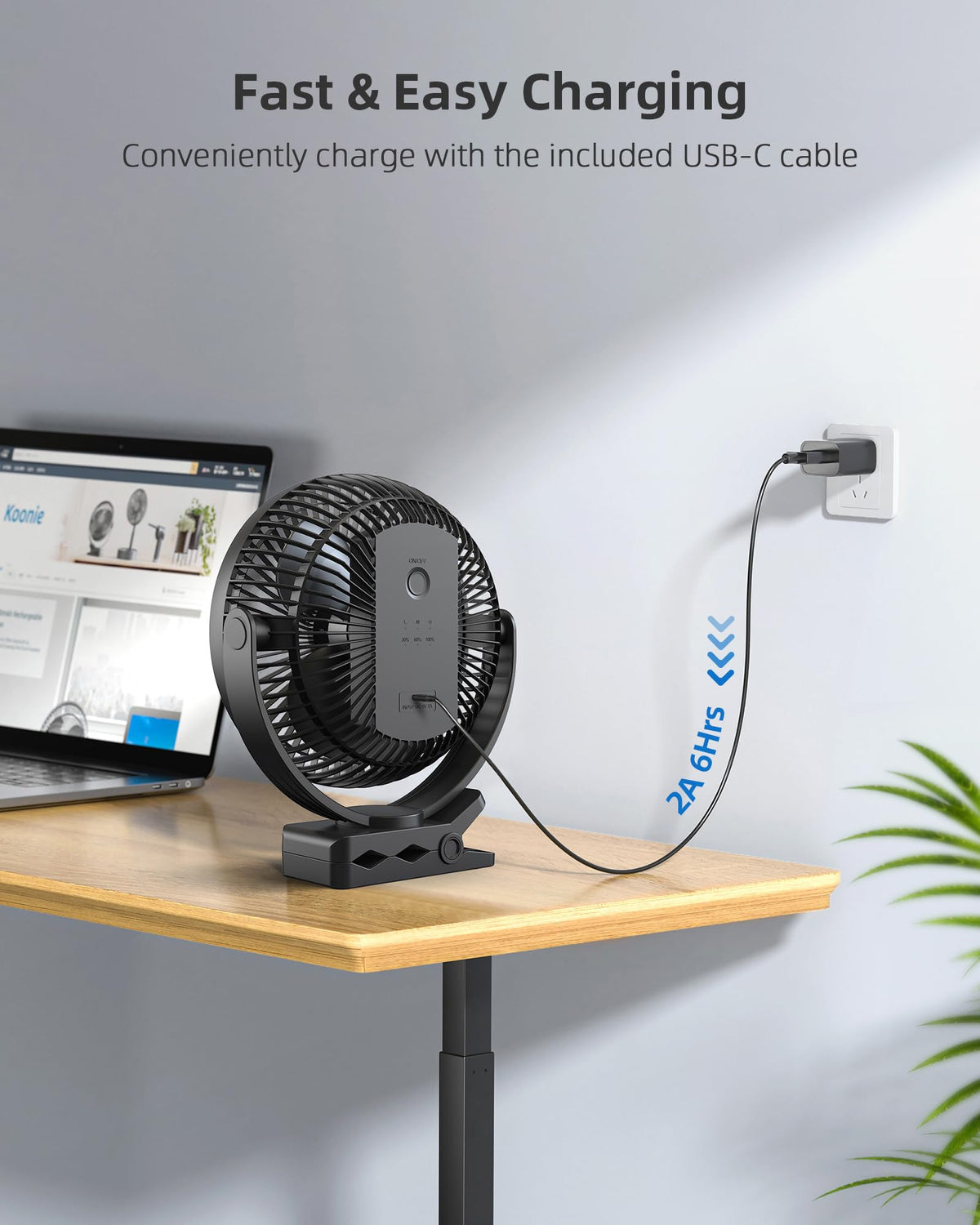 Koonie 10000mAh Clip on Fan Rechargeable, Black