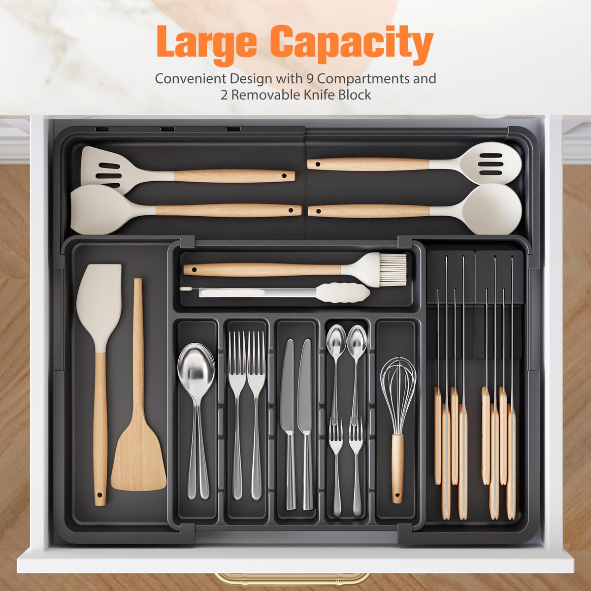 Ceecysaa Cutlery Organizer with 2 Removable Knife Blocks, Black