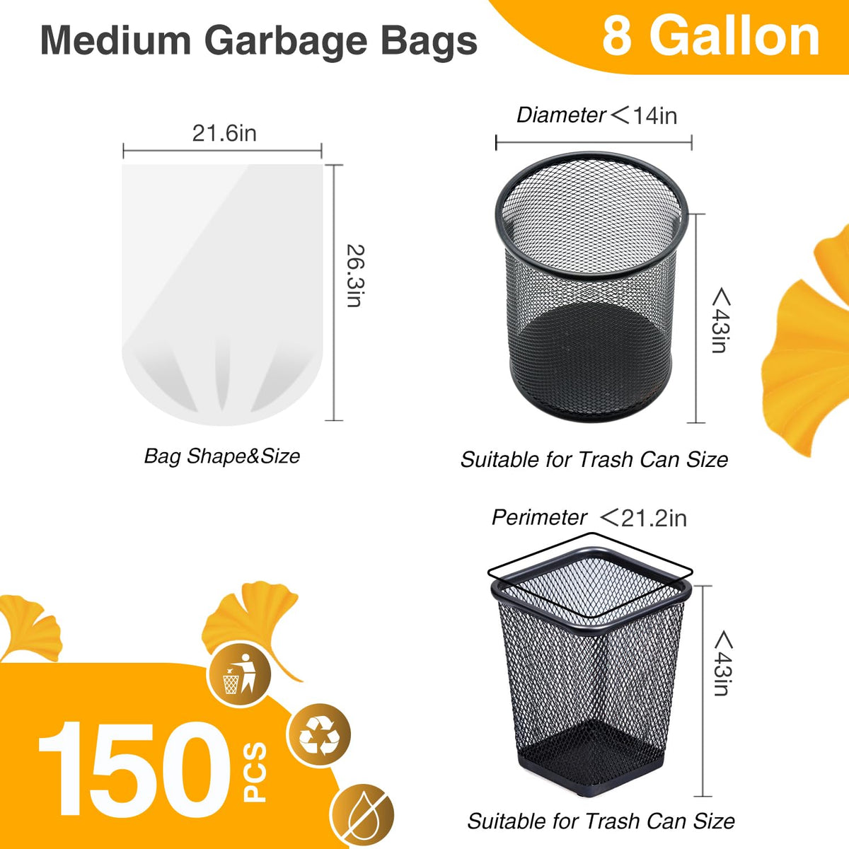 Kitchen Garbage Bags, 30 Litres (8 Gallon), White, 150 Count
