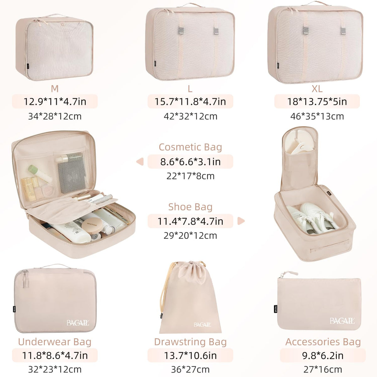 Bagail Packing Cubes with Shoe, Toiletry and Laundry Bags, Cream