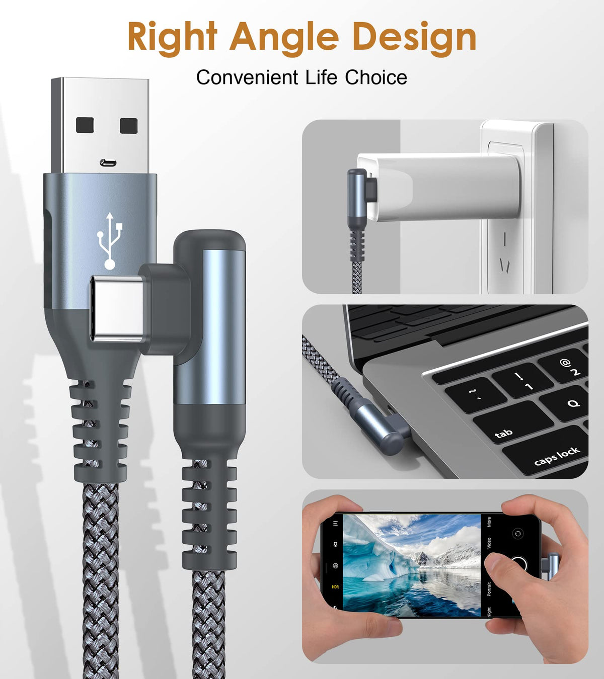 AviBrex Right Angle USB C Charging Cable, 6FT, 2 Pack