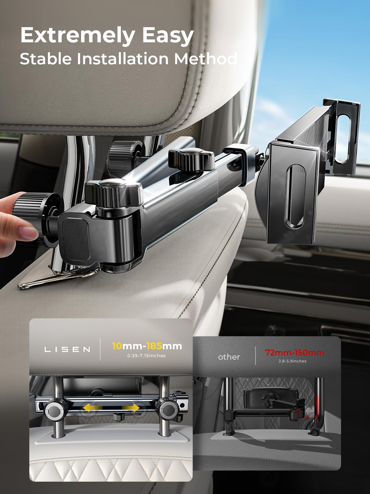 LISEN 3 in 1 Car Headrest Tablet Holder, 4.7-11 in, Black