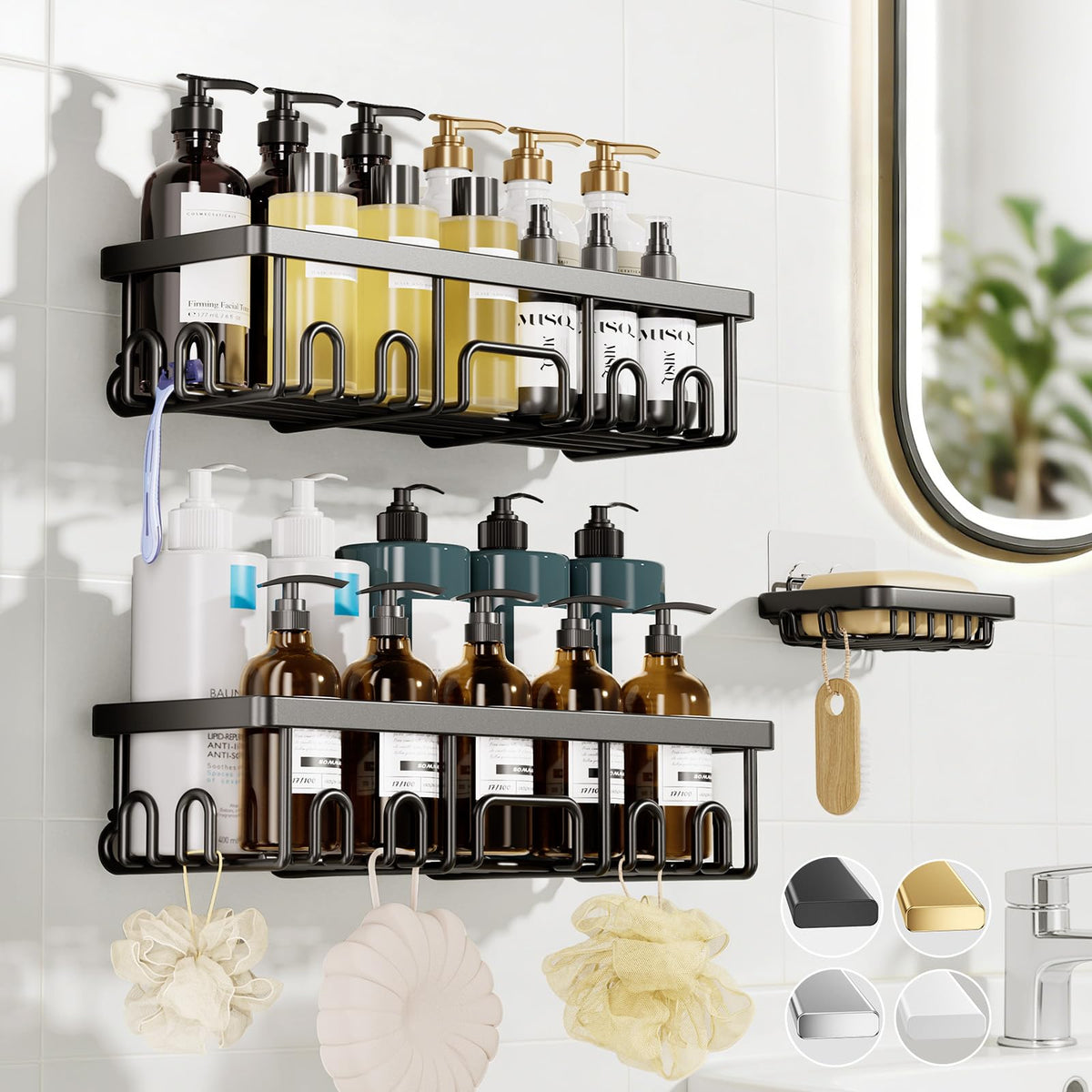 Veken Adhesive Shower Caddy with Soap Holder, Black (3 Pack)