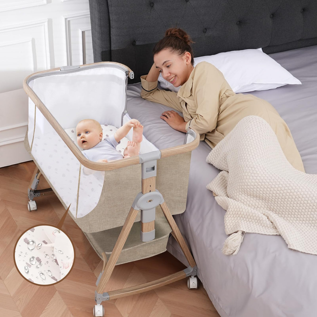 Jestonten Bedside Sleeper Baby Bassinet with Wheels, Khaki