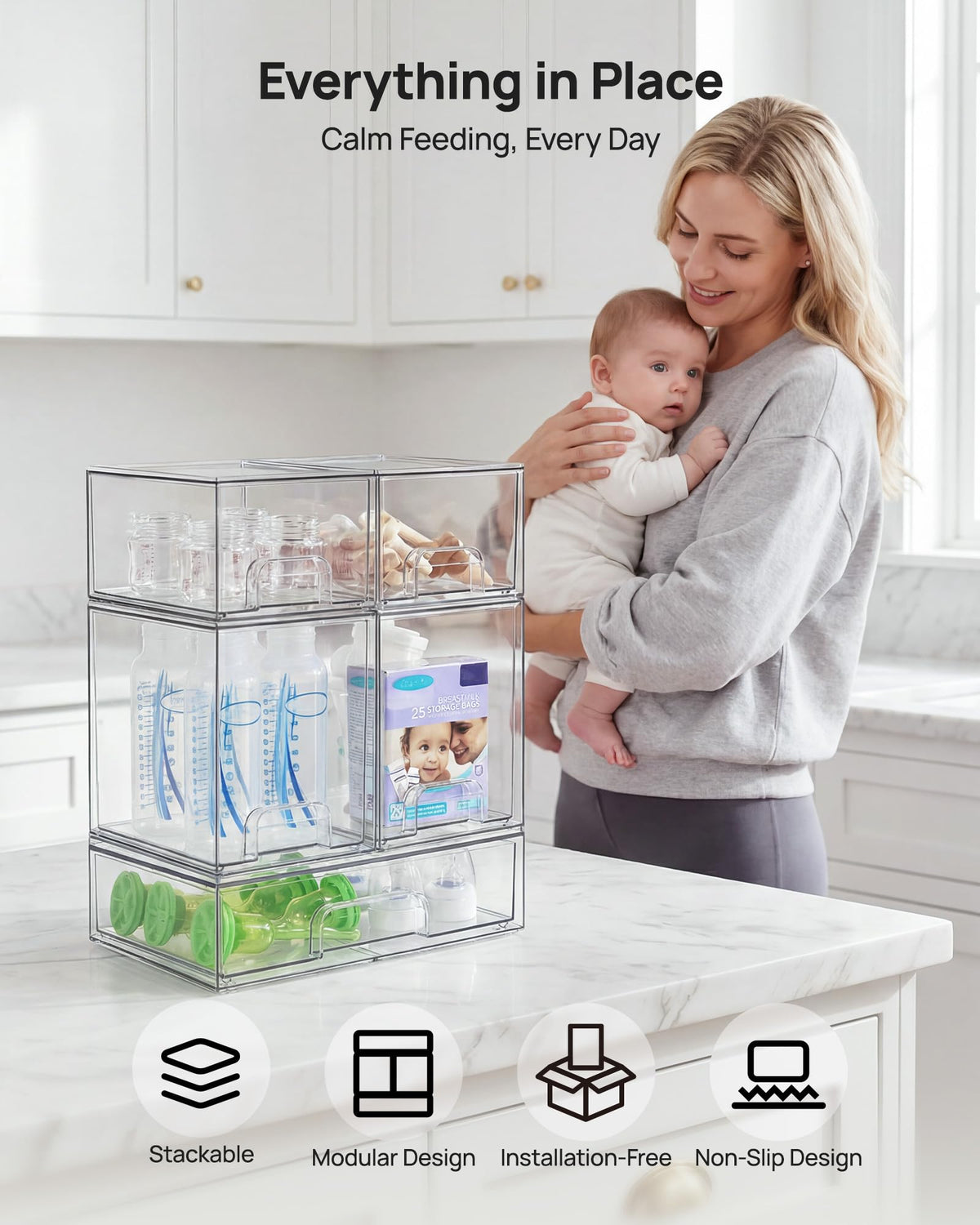 Vtopmart Stackable Clear Storage Drawers, 12" Wide (Set of 5)