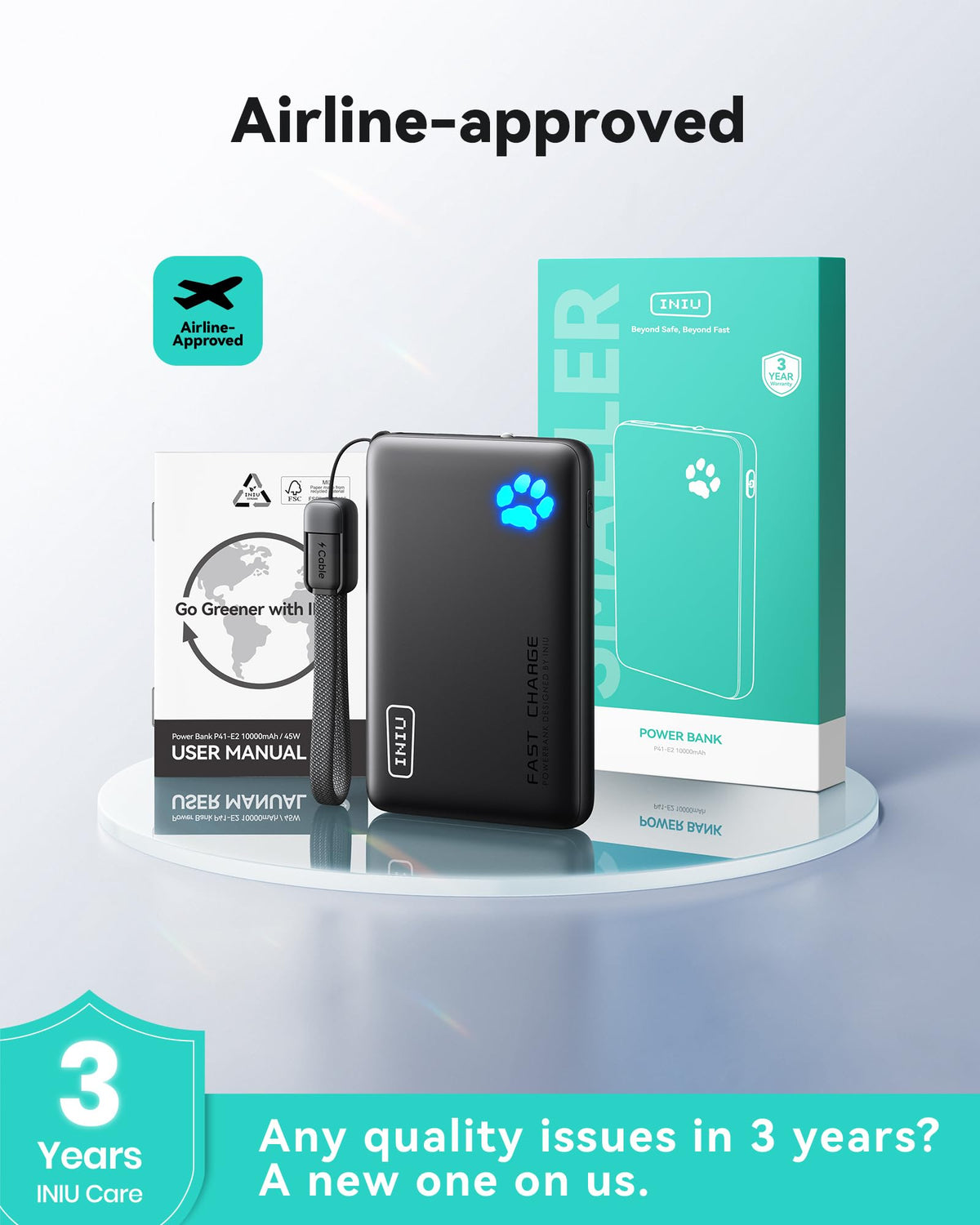Iniu Compact Power Bank, 10000mAh, 45W, Detachable USB-C Cable