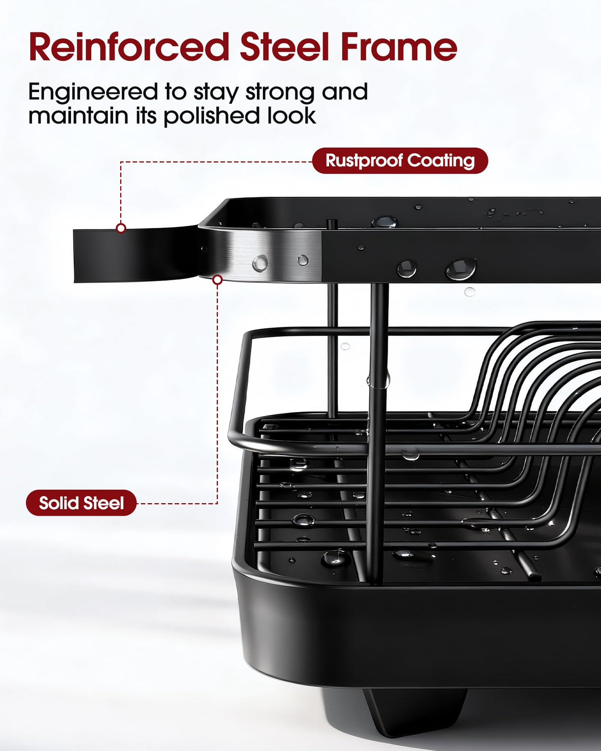 Sakugi Stainless Steel Dish Drying Rack with Drain Board, Black, Large