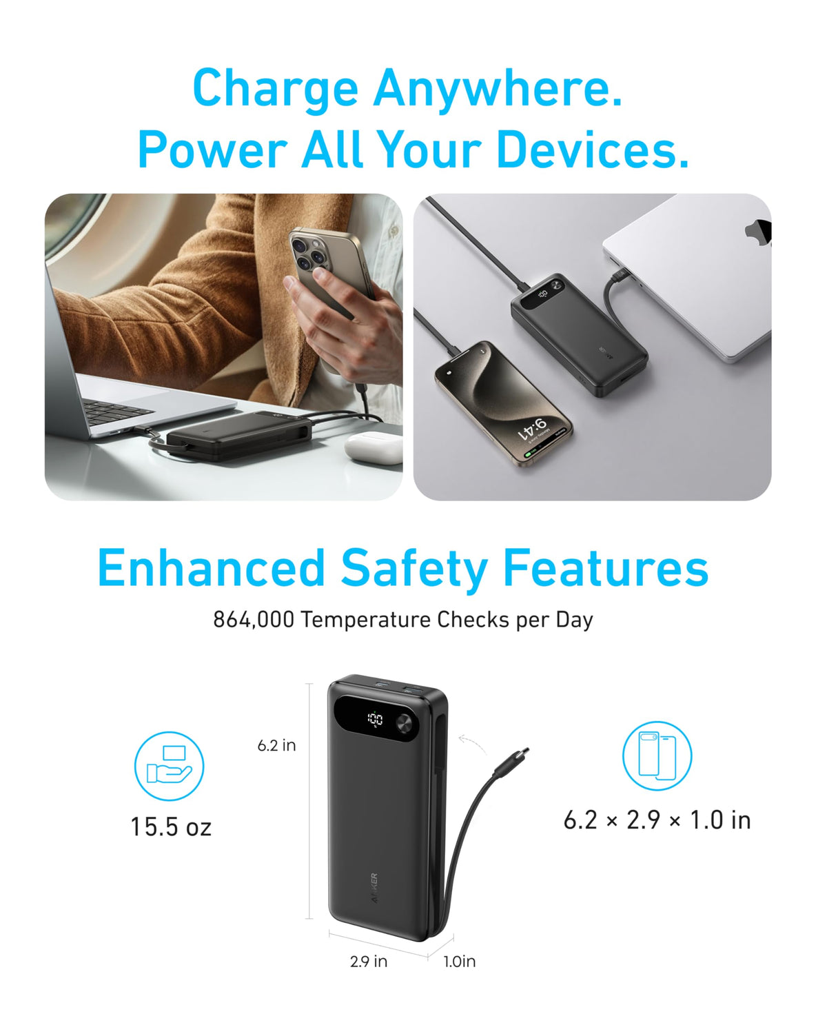 Anker Power Bank, 20,000mAh, 87W, Built-In USB-C Cable, Black