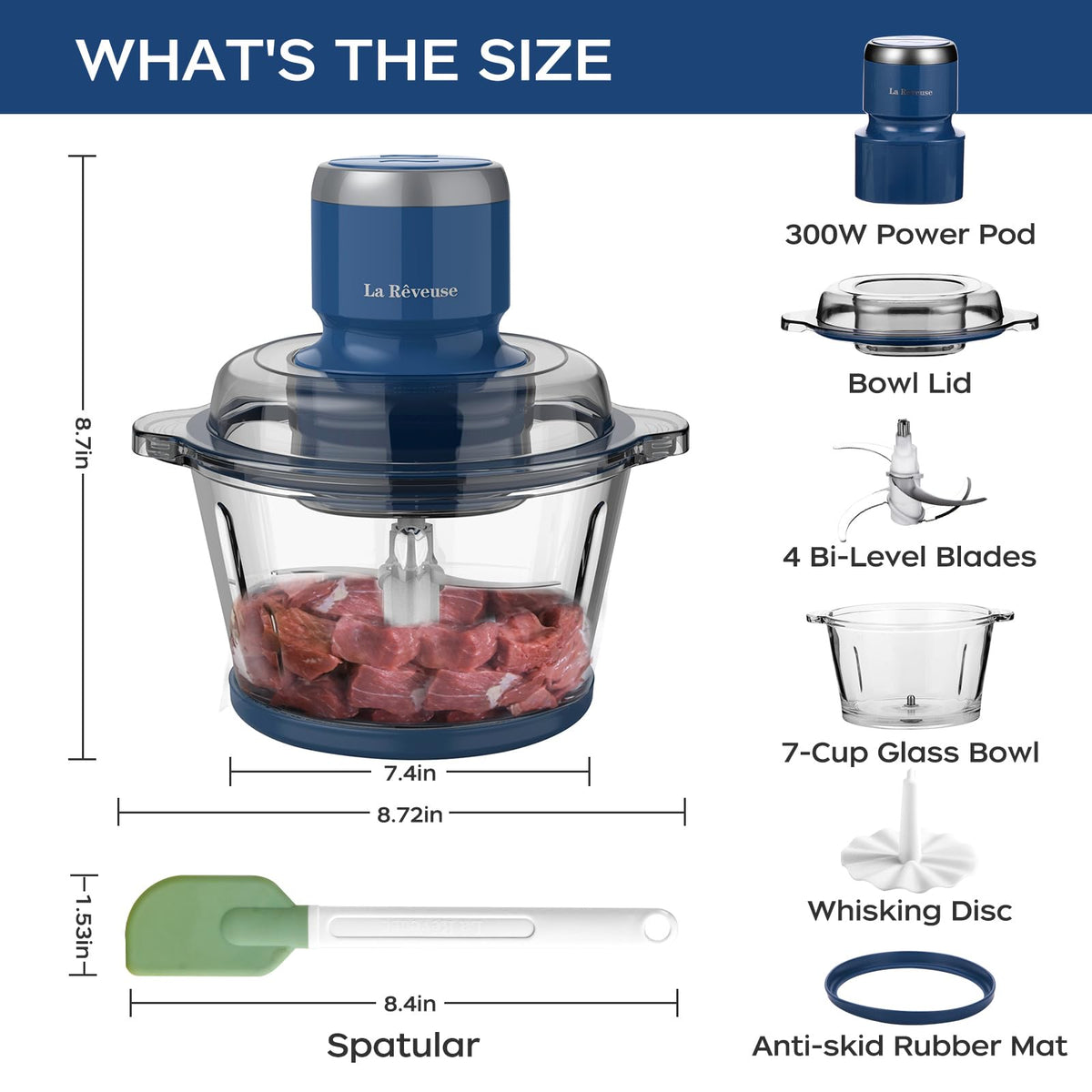 La Reveuse Electric Food Processor, 7-Cup Glass Bowl, 300W, Blue