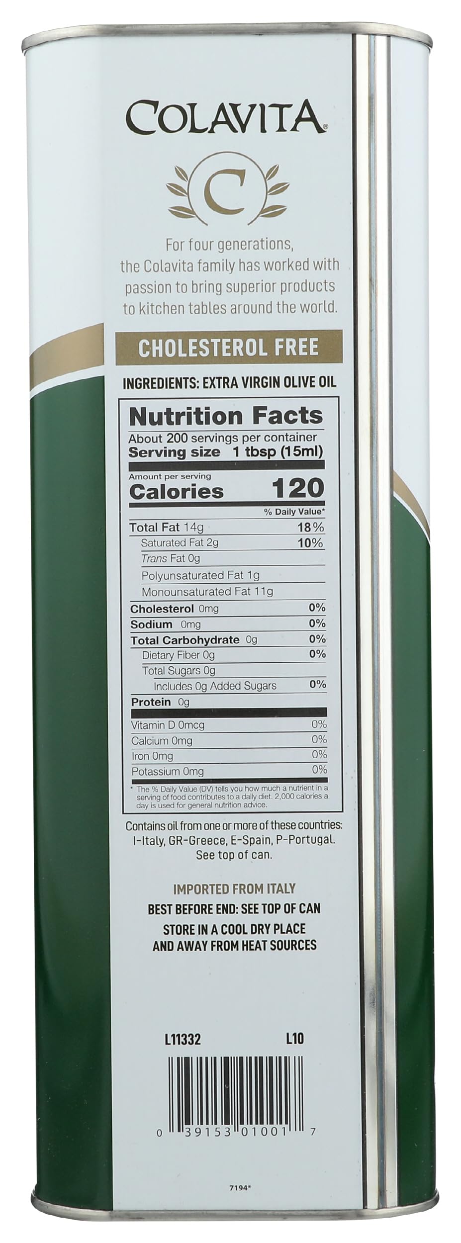 Colavita Premium Selection Extra Virgin Olive Oil, 3L Tin