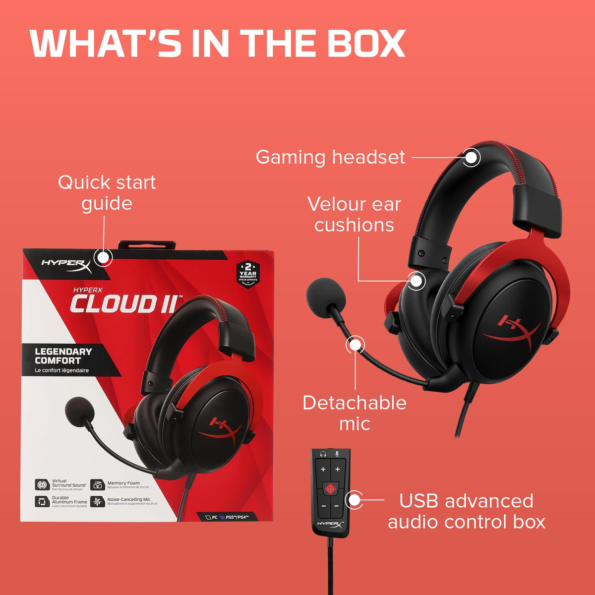 HyperX Cloud II Gaming Headset, 7.1 Surround Sound, Red