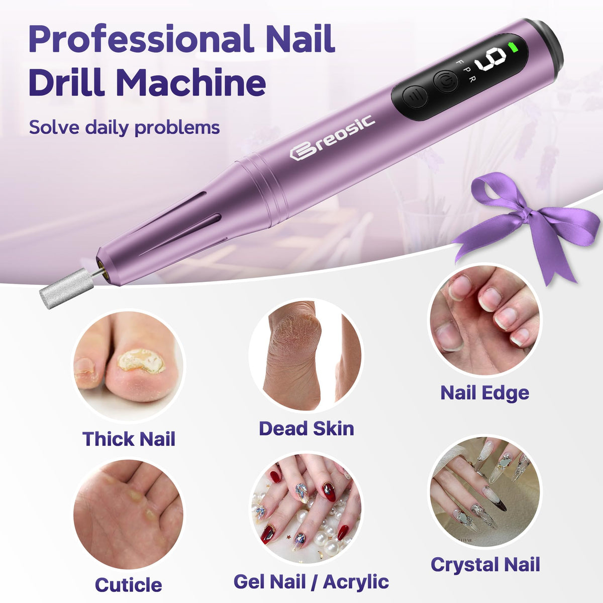 Breosic Electric Nail Drill 35000RPM, 12-in-1, Purple