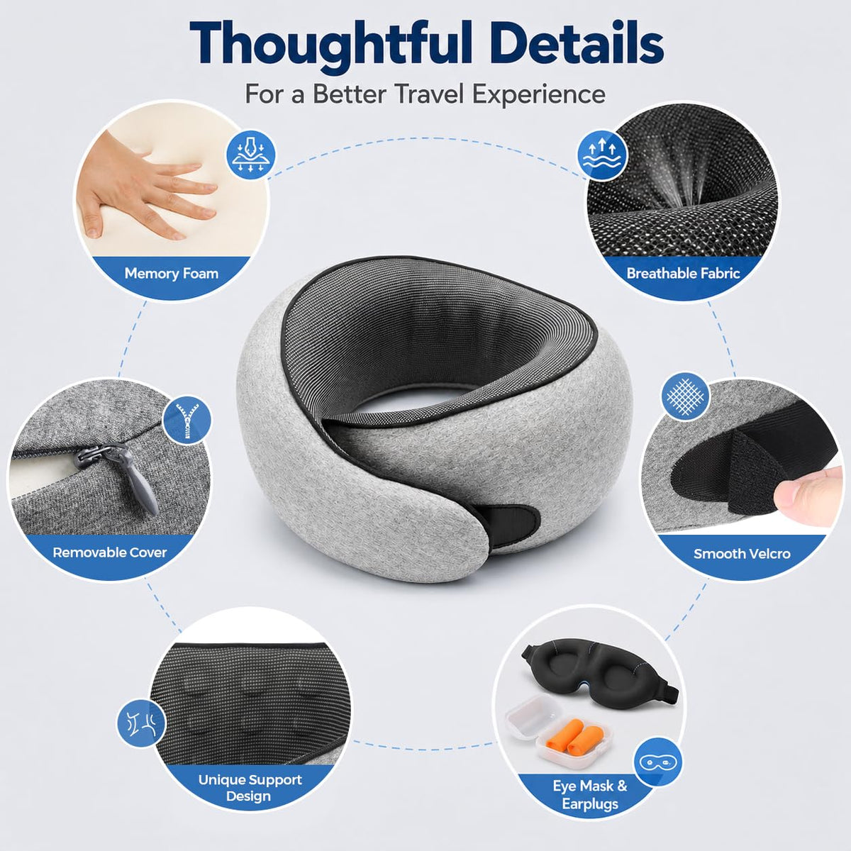 Purroch Memory Foam Travel Neck Pillow with Eye Mask, Light Grey