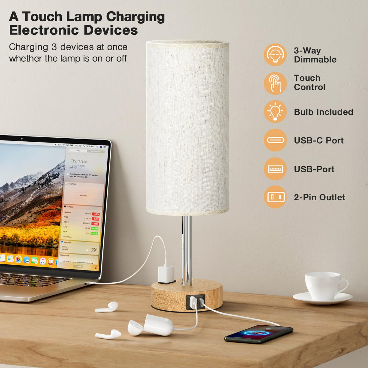 Fenmzee Dimmable Touch Bedside Lamp with USB-C and Outlet, White
