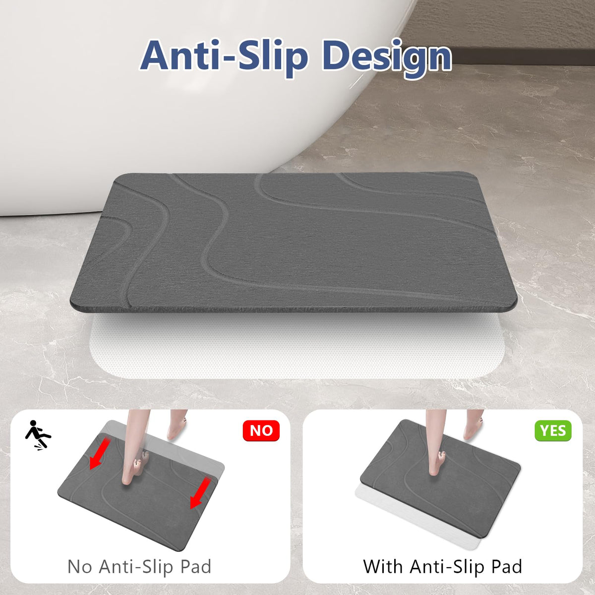 Ceecysaa Stone Bath Mat, Dark Gray, 60 x 39 cm